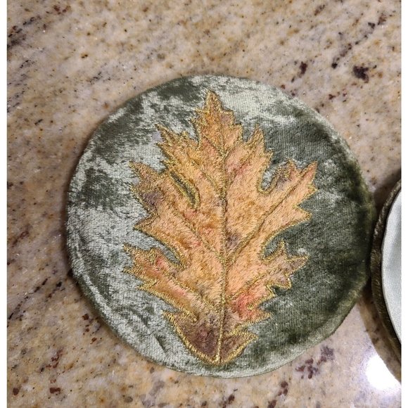 Vintage Velvet Orange Green Leaf Stitching Coasters Set of 6 Fall Autumn Holiday - Picture 3 of 10